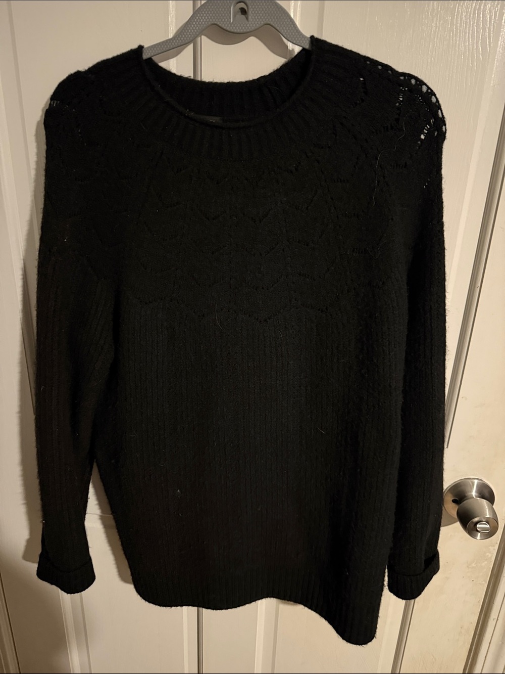 Talbots Black Crewneck Knit Sweater with Subtle Lace Yoke